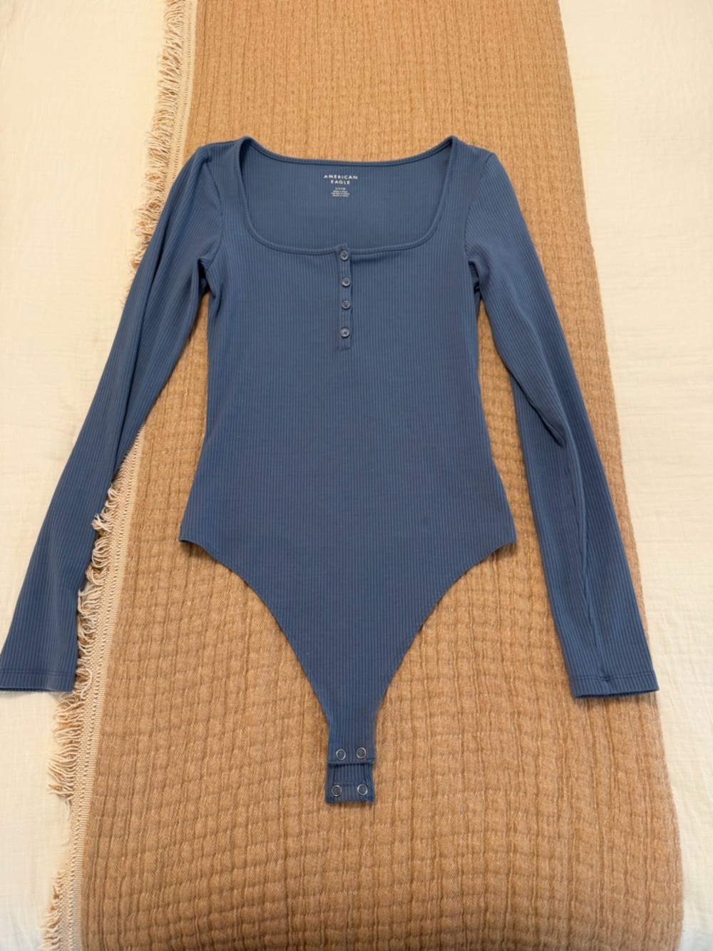 American Eagle Outfitters Blue Ribbed Long-Sleeve Henley Bodysuit